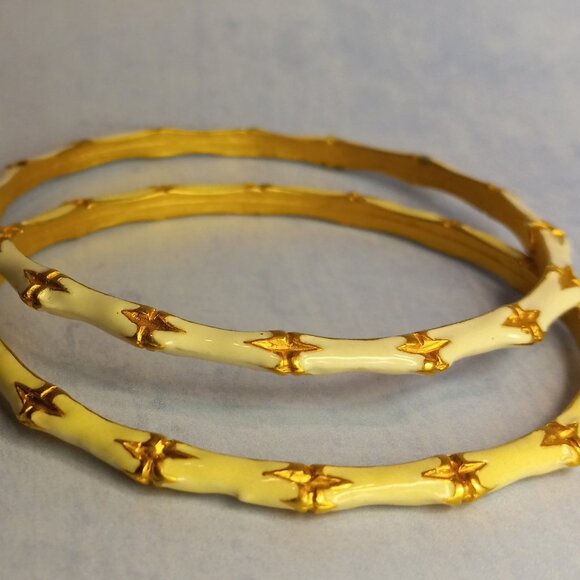 KJL Kenneth J Lane "Bamboo" Bracelets 2x White Enamel w Gold Leaf + Wash - Picture 3 of 15